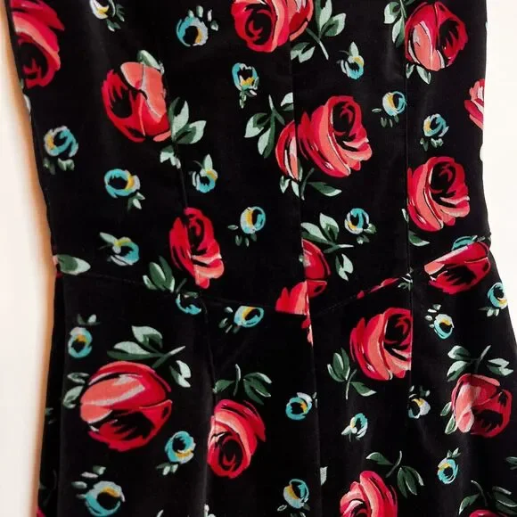 Esprit Vintage Black Velvet Floral Dress Pink Blue Roses Sz 5/6 - Picture 8 of 15